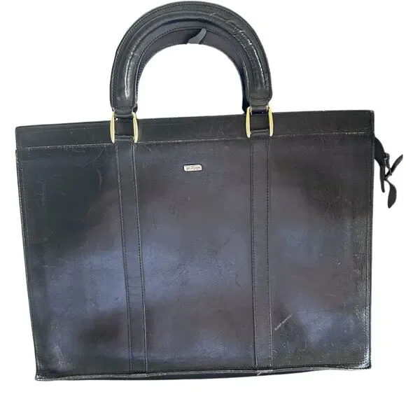 Vintage Phillippe Black Leather Structured Tote Bag H11"x W14.75" - Picture 1 of 9